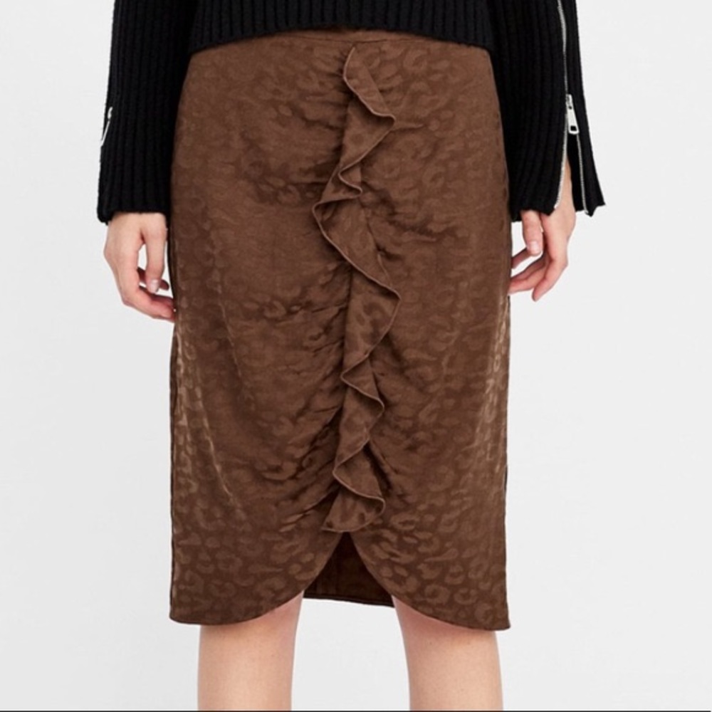 Zara Brown Ruffle Animal Print Jacquard Midi Skirt
